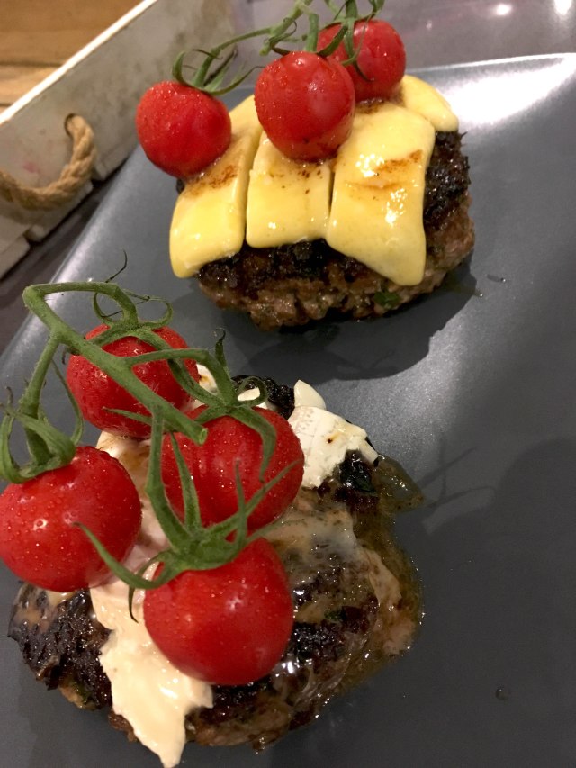 Miso burgers with cheese and cherry tomatoes